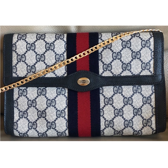 Authentic Vintage Gucci Web Monogram Crossbody Chain Flap Envelope Clutch